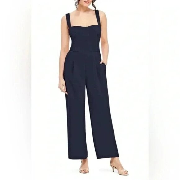 Gal Meets Glam Nicole Jumpsuit Size 4 Navy Blue Cropped Wide Leg Square Neckline - Picture 1 of 13